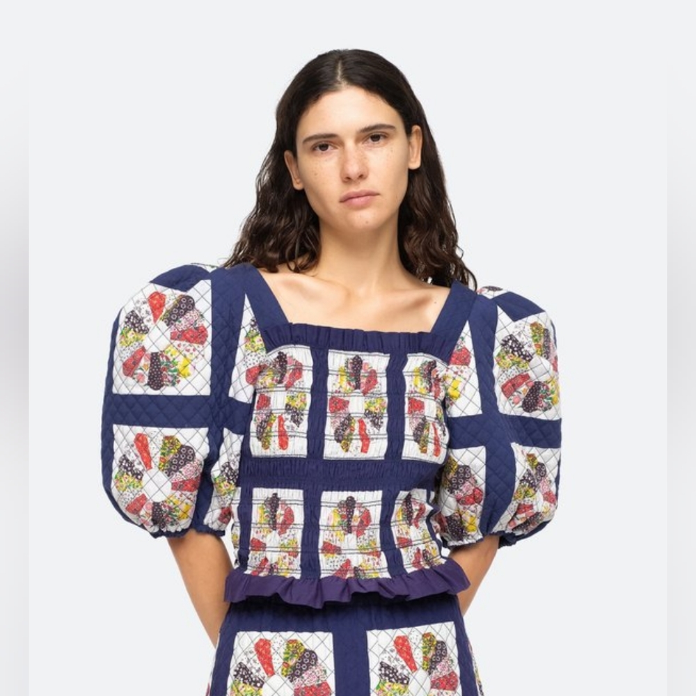 Sea New York Navy Multicolor Quilted Puff-Sleeve Crop Top